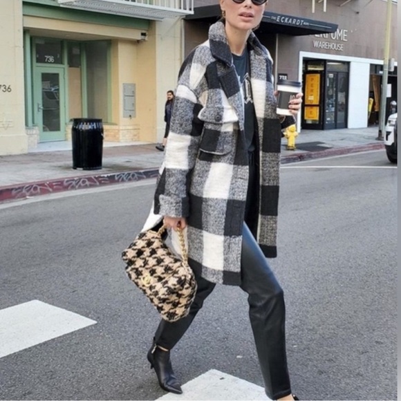Anine Bing Maeve Buffalo Check Wool Shacket Black and White - Picture 1 of 12